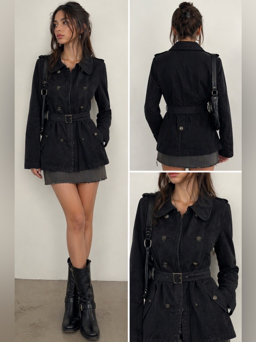 AMBITION Black Lightweight Utility Jacket with Belt and Military Style Buttons